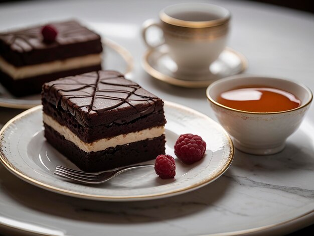 Vista frontale libera di una deliziosa torta con spazio per le copie Un pezzo di torta al cioccolato decorata con fragole