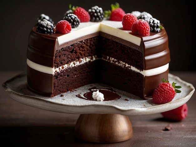Vista frontale libera di una deliziosa torta con spazio per le copie Un pezzo di torta al cioccolato decorata con fragole