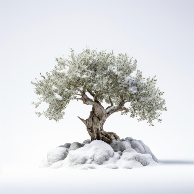 Vista frontale minimalista di un albero d'olivo adornato con la neve