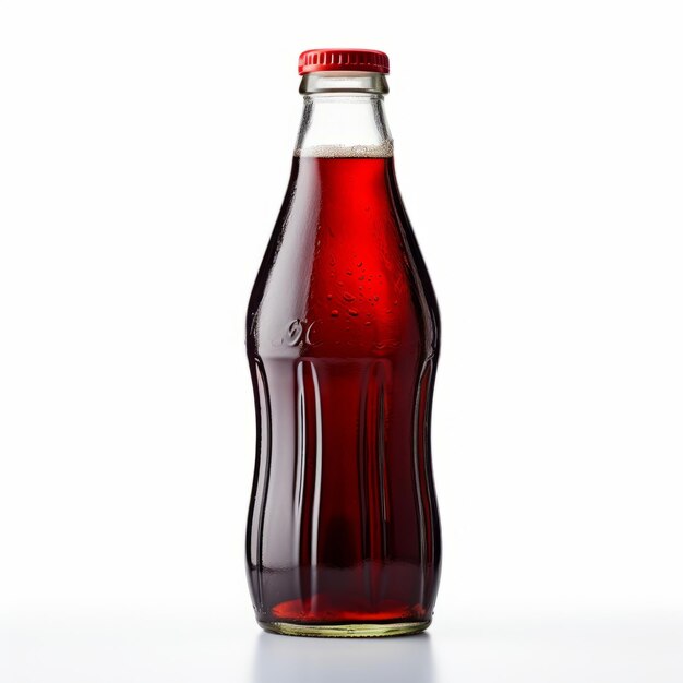 Vista frontale minimalista di una bottiglia di cola in vetro vintage isolata