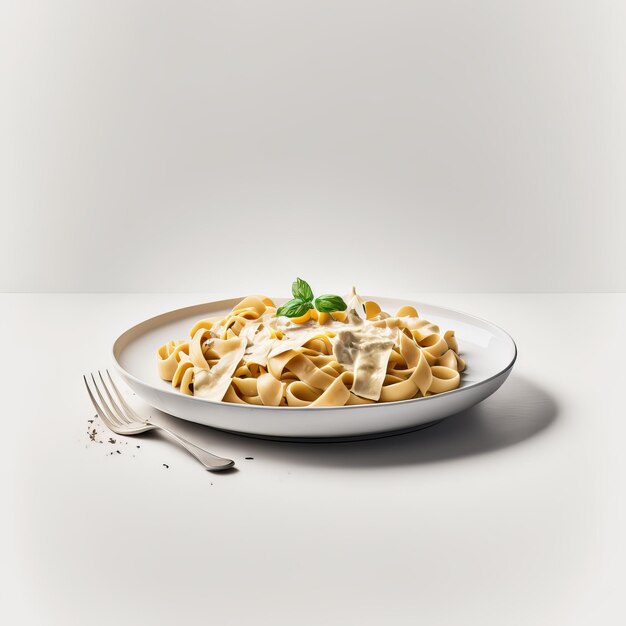 Vista frontale pasta italiana con formaggio e salsa Alfredo su sfondo bianco