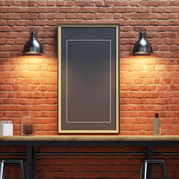 Vista frontale poster nero vuoto sul muro di mattoni con lampada nel mockup interno della barra soppalcata IA generativa