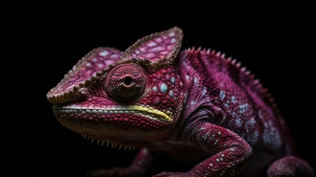 Vista frontale Primo piano di un camaleonte rosa purpleglowing che guarda la telecamera dall'angolo laterale sullo sfondo nero