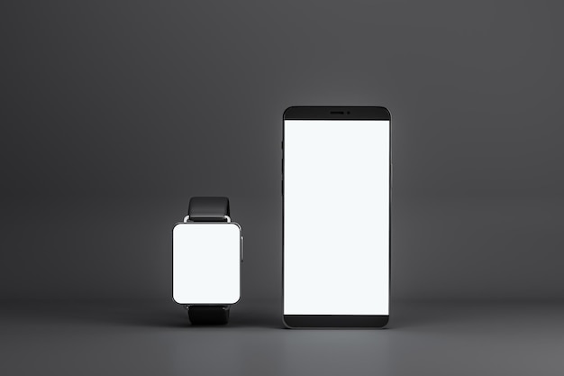 Vista frontale su smartphone moderno bianco vuoto e schermi di orologi intelligenti con posto per il tuo logo o testo su sfondo grigio scuro Mockup di rendering 3D
