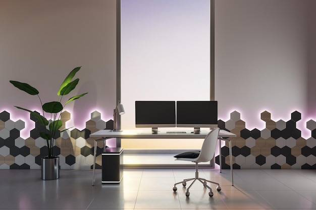 Vista frontale su un posto di lavoro elegante con moderni monitor per computer in un ufficio interno leggero con pavimento lucido pianta verde vicino a pareti decorate con luce viola e rendering 3D della finestra