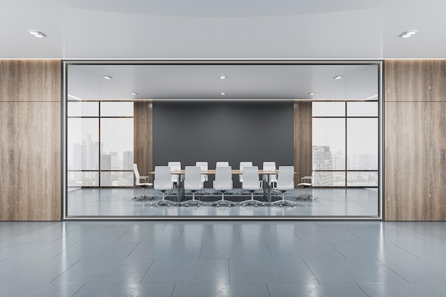 Vista frontale sul moderno design degli interni della sala conferenze con mobili in legno e sedie bianche su sfondo scuro della parete e vista sulla città da grandi finestre dietro la parete divisoria in vetro nella sala ufficio rendering 3D