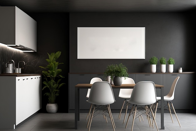 Vista frontale sull'interno della stanza della cucina scura con poster bianco vuoto muro di piastrelle grigie pavimento in cemento lavandino tavolo da pranzo con credenza poltrone Concetto di design minimalista