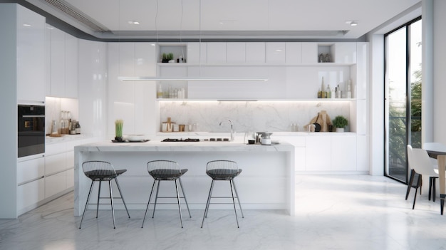 Vista frontale sull'interno luminoso della cucina con facciate bianche lucide isola cucina con sgabelli da bar finestra panoramica moderni elettrodomestici da cucina Concetto di design minimalista rendering 3D