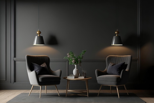 Vista frontale sull'interno scuro del soggiorno con due poltrone vuote parete grigia tavolino pavimento in legno di quercia Concetto di design minimalista
