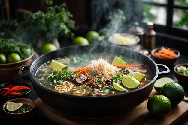 vista frontale tagliatelle ramen asiatiche sollevate sulle bacchette sul tavolo scuro