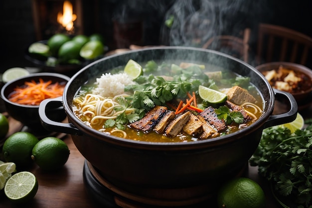 vista frontale tagliatelle ramen asiatiche sollevate sulle bacchette sul tavolo scuro