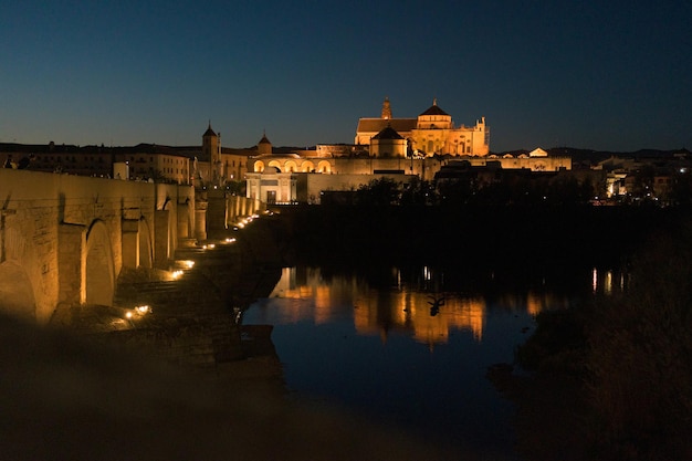 Vista generale della cattedrale di Cordoba e del ponte romano di notte