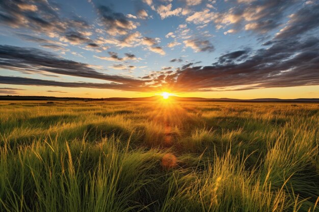 Vista grandangolare del sole che tramonta su pianure erbose create con l'IA generativa