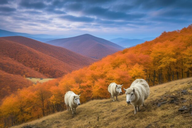 Vista grandangolare delle capre di montagna in un colorato paesaggio autunnale creato con l'IA generativa