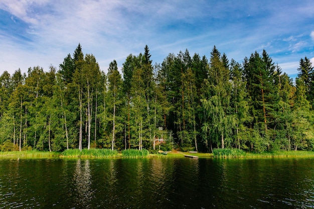 Vista idilliaca del paesaggio della campagna con lago blu e casa sulla riva Cottage estivo nella Finlandia rurale