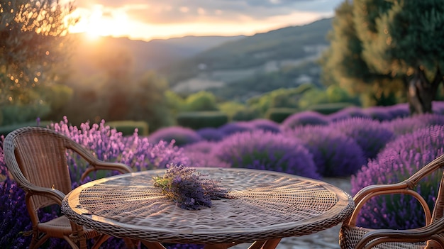 Vista idilliaca del tramonto sui campi di lavanda da un'accogliente sedia di vimini che ambienta una scena serena all'aperto con una calda luce AI