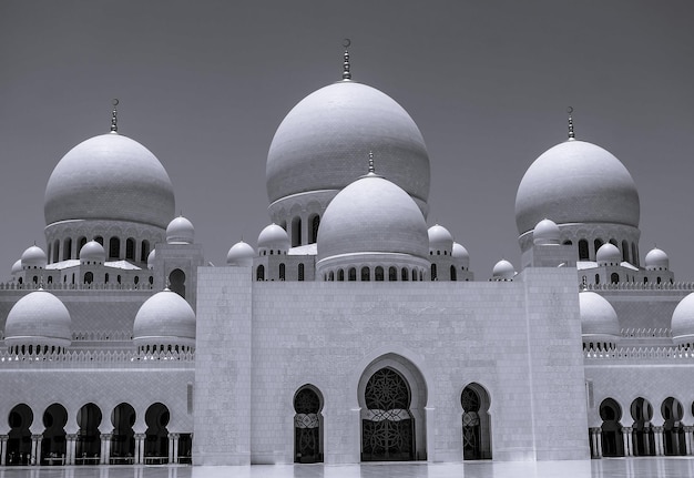 Vista in bianco e nero della Grande Moschea dello Sceicco Zayed ad Abu Dhabi Emirati Arabi Uniti