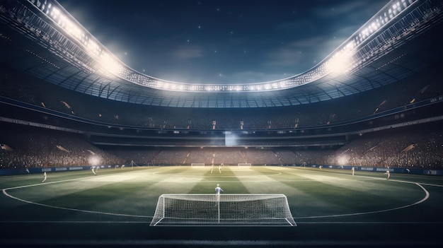 Vista in loco dello stadio di calcio e tifosi sullo sfondo Illustrazione 3D digitale per lo sport IA generativa