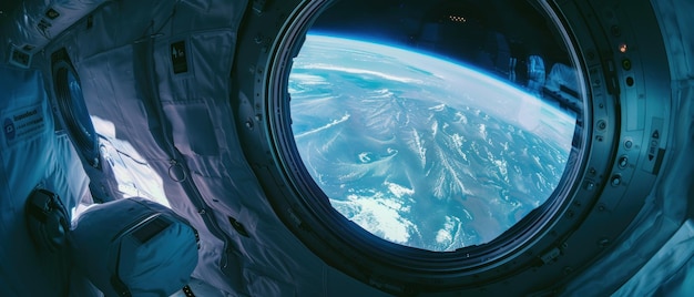 Vista in prima persona di galleggiare in una cabina di una nave spaziale Terra visibile attraverso una finestra vicina La libertà della gravità zero