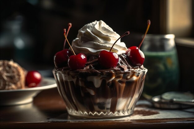 Vista in primo piano del gelato al cioccolato con panna montata e una ciliegina sulla torta ai generato