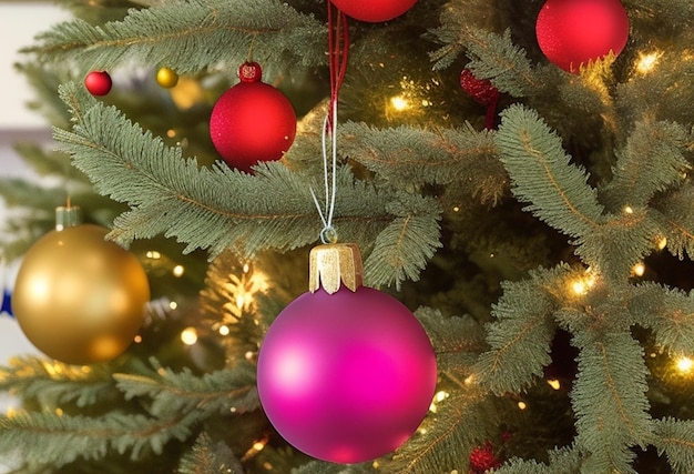 vista in primo piano della bella palla rossa sullo sfondo dell'albero di Natale sacco di luci sfocate