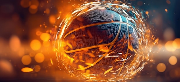 Vista in primo piano della palla da basket luminosa sul pavimento bagnato e sull'intelligenza artificiale generativa del campo 3d