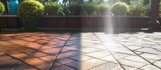 Vista in primo piano di un patio prima e dopo la pulizia con un getto d'acqua ad alta pressione