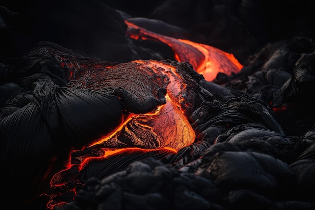Vista ingrandita della lava fusa che trasuda sulla roccia vulcanica nera