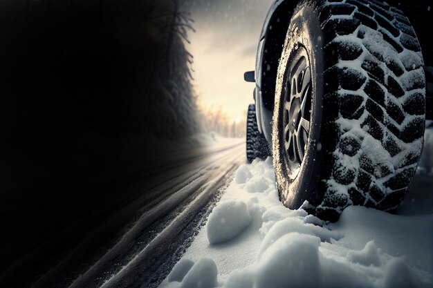 Vista ingrandita della ruota dell'auto sulla strada innevata Ai generativa