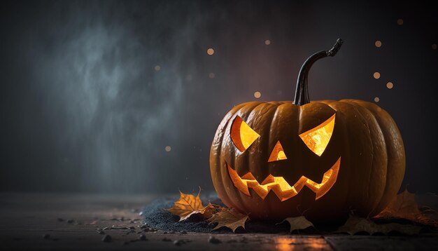 Vista ingrandita della zucca di Halloween con sfocatura dello sfondo di Halloween Generativo ai