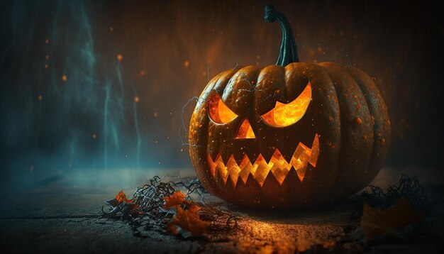 Vista ingrandita della zucca di Halloween con sfocatura dello sfondo di Halloween Generativo ai