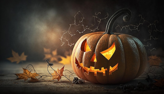 Vista ingrandita della zucca di Halloween con sfocatura dello sfondo di Halloween Generativo ai
