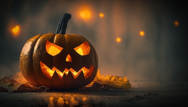 Vista ingrandita della zucca di Halloween con sfocatura dello sfondo di Halloween Generativo ai