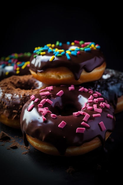 Vista ingrandita di ciambelle glassate al cioccolato impilate con spruzzini colorati Sfondo scuro per studio