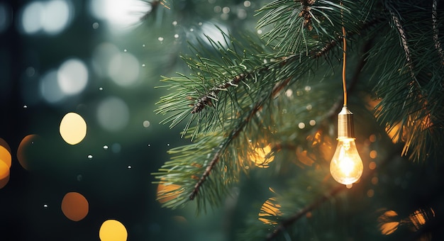 Vista ingrandita di un albero di pino natalizio illuminato da luci