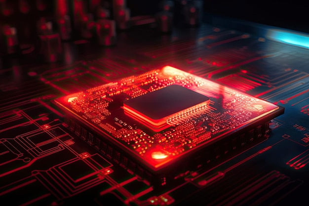Vista ingrandita di un chip del processore del computer su un circuito stampato IA generativa