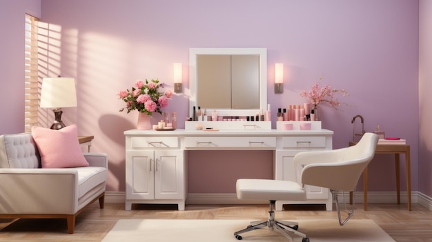 Vista interna del salone di bellezza rosa e bianco romantico ed elegante