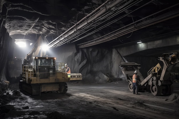 Vista interna della miniera di carbone con lavoratori e macchinari in primo piano creata con l'IA generativa
