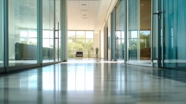 Vista interna dello sfondo astratto sfocato che guarda verso l'atrio dell'ufficio vuoto e le porte d'ingresso e la tenda di vetro IA generativa