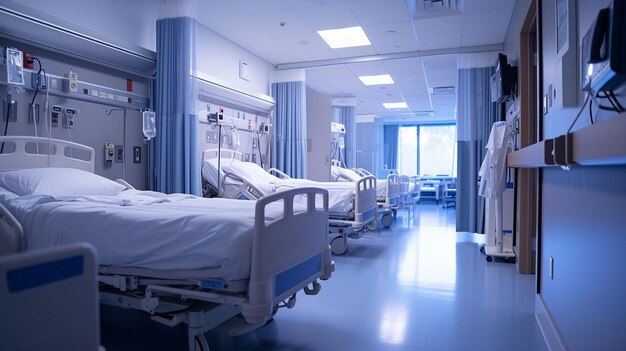 vista interna di un ospedale moderno con letti e attrezzature mediche