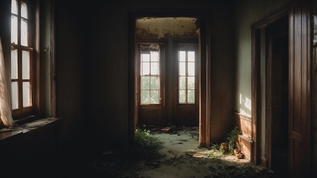 Vista interna di una casa abbandonata che mostra una finestra inondata di luce alla fine di un corridoio rotto