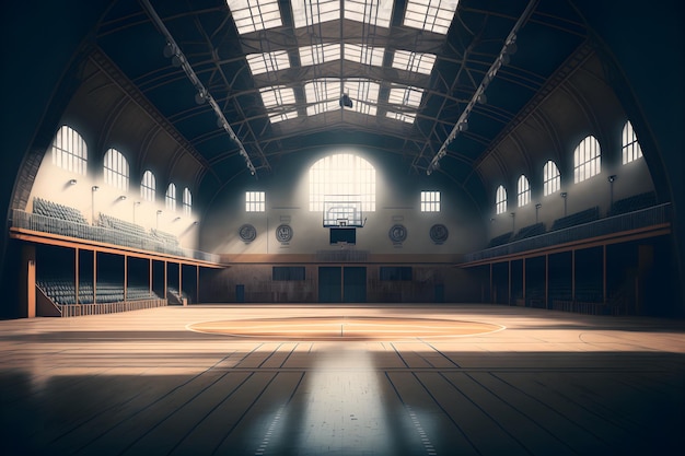 Vista interna di uno stadio di pallacanestro illuminato per un gioco Arte generata dalla rete neurale