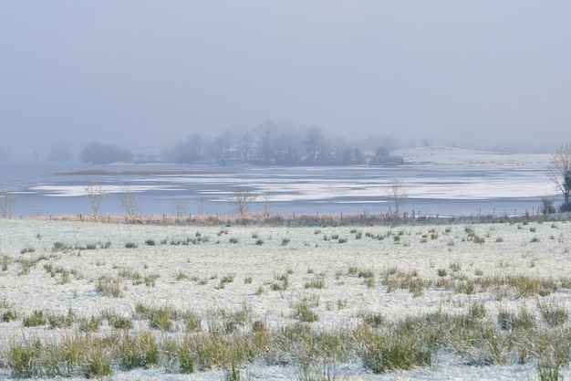 Vista invernale sul lago. Paesaggio invernale. Lago parzialmente congelato vicino alla città di Mullingar in Irlanda