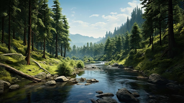 Vista iperreale di un fiume tranquillo che si snoda attraverso una foresta