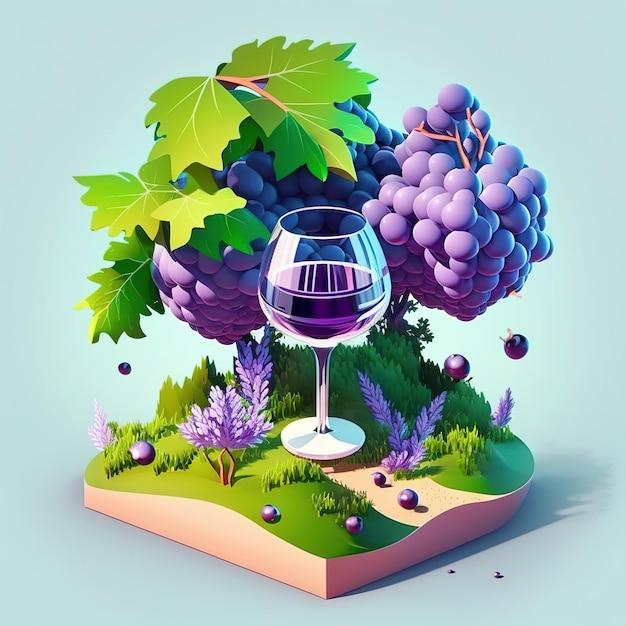 vista isometrica del bicchiere di vino design uva e alberi isolati sullo sfondo
