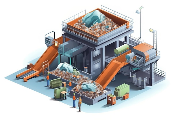 Vista isometrica di un impianto di gestione dei rifiuti con nastri trasportatori di selezione