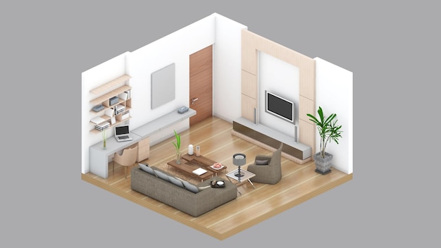 Vista isometrica di un soggiornorendering 3d dell'area residenziale
