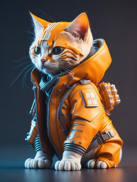 vista isometrica di una MINI carina iperrealista futuristica gatto soldato che indossa giacca cyberpunk ai