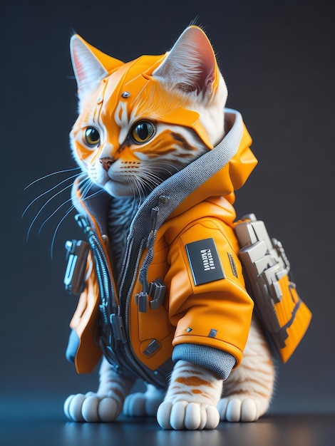 vista isometrica di una MINI carina iperrealista futuristica gatto soldato che indossa giacca cyberpunk ai