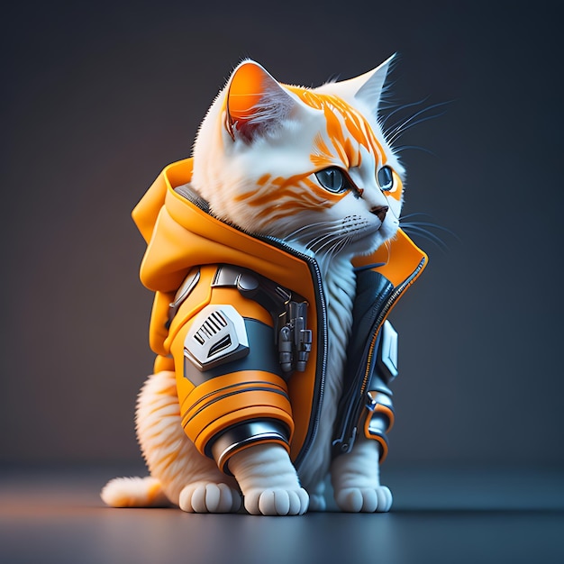 Vista isometrica iperrealista del gatto soldato futuristico con giacca cyberpunk su sfondo bianco gradiente